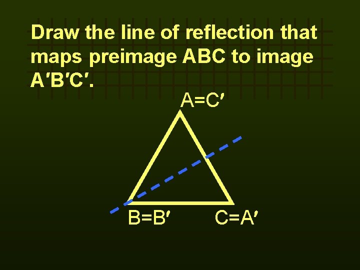 Draw the line of reflection that maps preimage ABC to image A′B′C′. A=C B=B