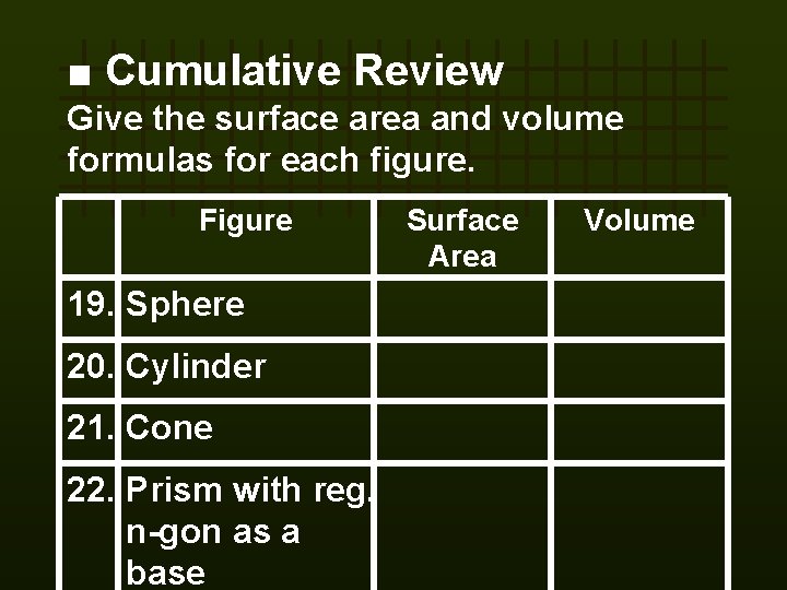 ■ Cumulative Review Give the surface area and volume formulas for each figure. Figure