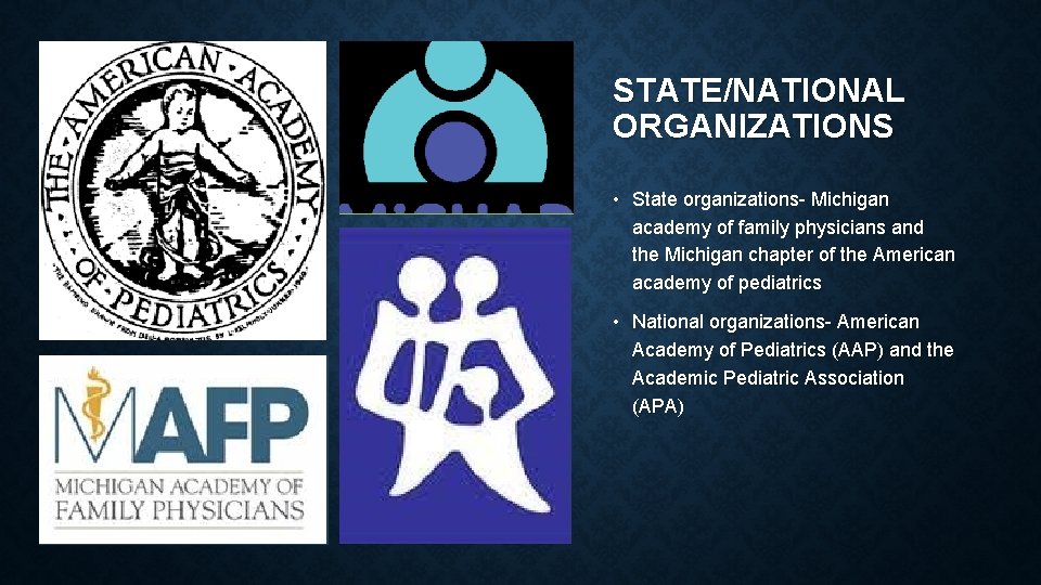 STATE/NATIONAL ORGANIZATIONS • State organizations- Michigan academy of family physicians and the Michigan chapter