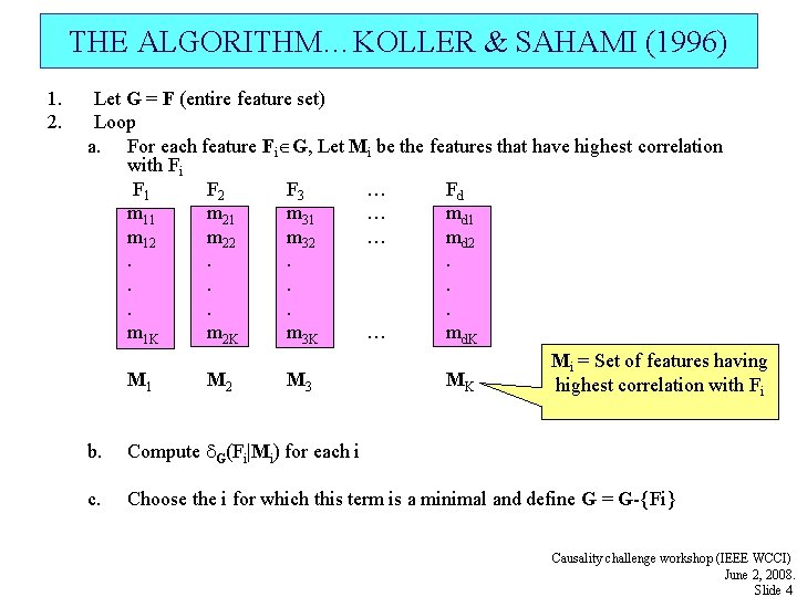 THE ALGORITHM…KOLLER & SAHAMI (1996) 1. 2. Let G = F (entire feature set)