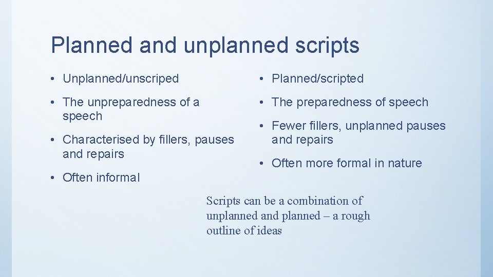 Planned and unplanned scripts • Unplanned/unscriped • Planned/scripted • The unpreparedness of a speech