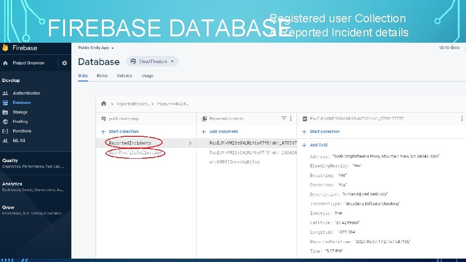 Registered user Collection & Reported Incident details FIREBASE DATABASE 