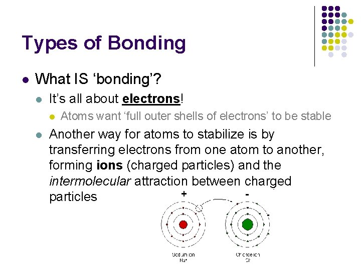 Types of Bonding l What IS ‘bonding’? l It’s all about electrons! l l