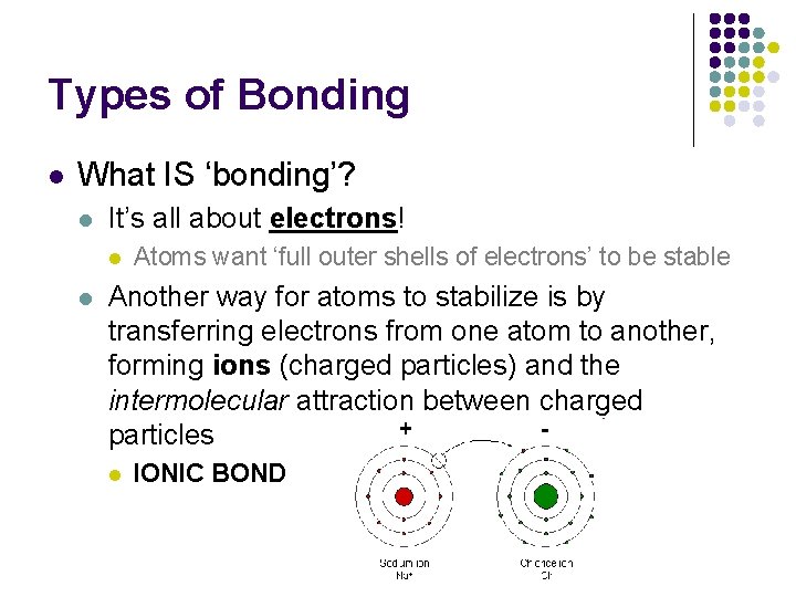 Types of Bonding l What IS ‘bonding’? l It’s all about electrons! l l