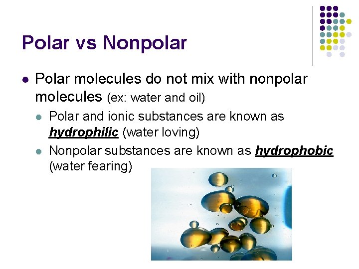 Polar vs Nonpolar l Polar molecules do not mix with nonpolar molecules (ex: water