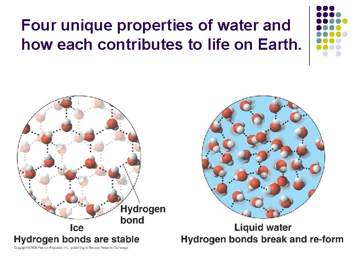 Four unique properties of water and how each contributes to life on Earth. 