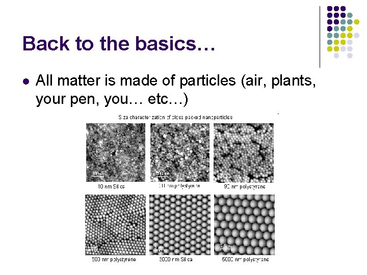 Back to the basics… l All matter is made of particles (air, plants, your