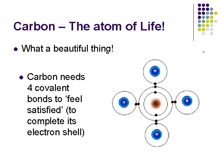 Carbon – The atom of Life! l What a beautiful thing! l Carbon needs