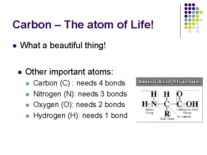 Carbon – The atom of Life! l What a beautiful thing! l Other important