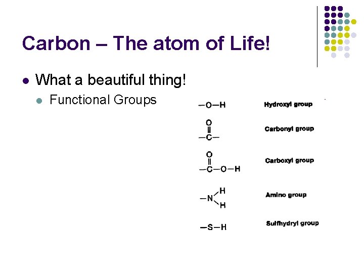 Carbon – The atom of Life! l What a beautiful thing! l Functional Groups