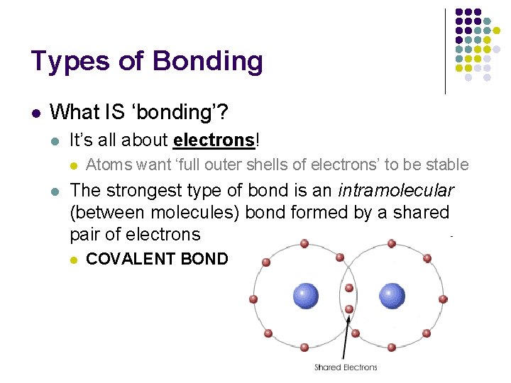 Types of Bonding l What IS ‘bonding’? l It’s all about electrons! l l