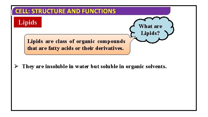 CELL: STRUCTURE AND FUNCTIONS Lipids What are Lipids? Lipids are class of organic compounds CELL: STRUCTURE AND FUNCTIONS Lipids What are Lipids? Lipids are class of organic compounds