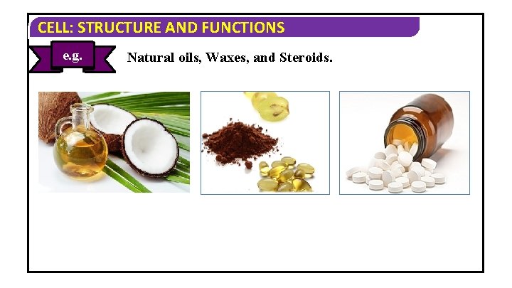 CELL: STRUCTURE AND FUNCTIONS e. g. Natural oils, Waxes, and Steroids. CELL: STRUCTURE AND FUNCTIONS e. g. Natural oils, Waxes, and Steroids.