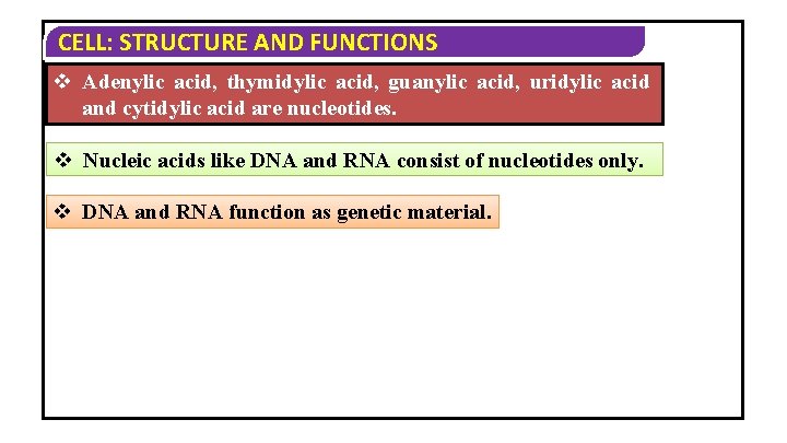 CELL: STRUCTURE AND FUNCTIONS v Adenylic acid, thymidylic acid, guanylic acid, uridylic acid and CELL: STRUCTURE AND FUNCTIONS v Adenylic acid, thymidylic acid, guanylic acid, uridylic acid and