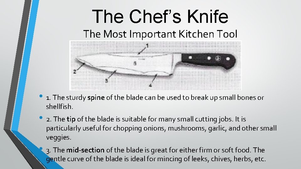 The Chef’s Knife The Most Important Kitchen Tool • 1. The sturdy spine of