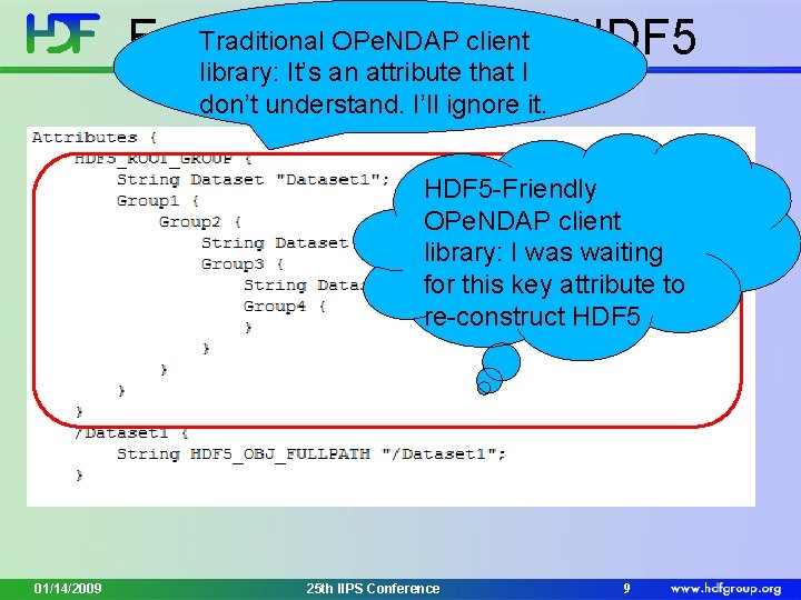 Traditional OPe. NDAP clientin HDF 5 Example: Groups library: It’s an attribute that I