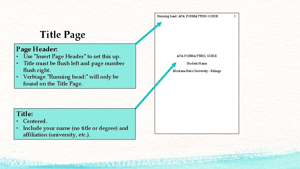 Running head: APA FORMATTING GUIDE Title Page Header: • Use "Insert Page Header" to