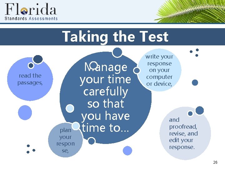 Taking the Test read the passages, plan your respon se, Manage your time carefully