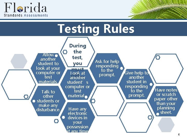 Testing Rules Allow another student to look at your computer or test materials. Talk