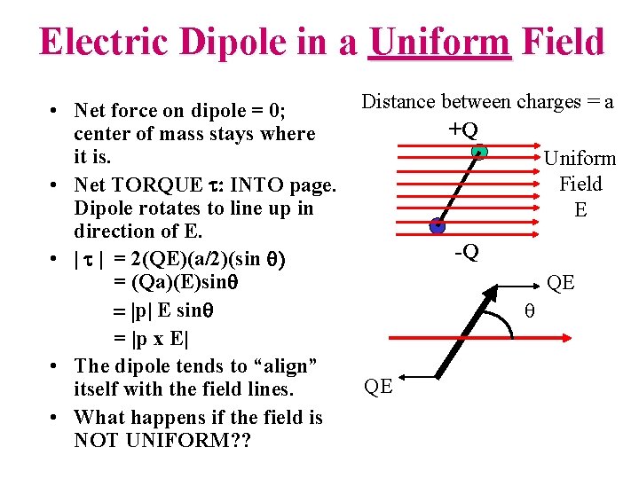 Electric Dipole in a Uniform Field • Net force on dipole = 0; center