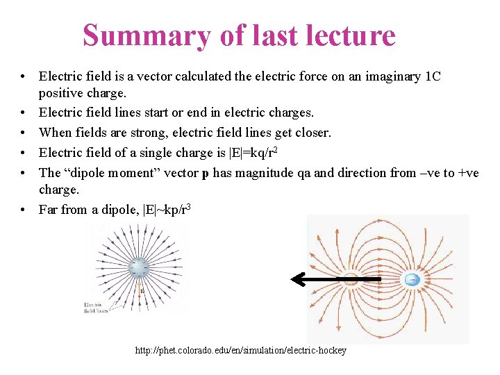 Summary of last lecture • Electric field is a vector calculated the electric force