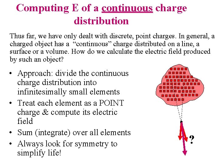 Computing E of a continuous charge distribution Thus far, we have only dealt with