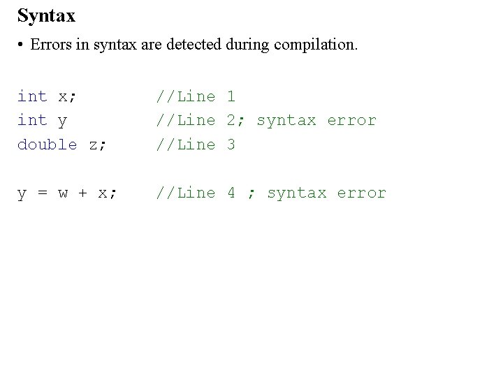 Syntax • Errors in syntax are detected during compilation. int x; int y double