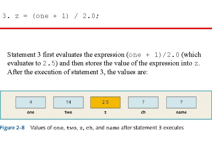3. z = (one + 1) / 2. 0; Statement 3 first evaluates the