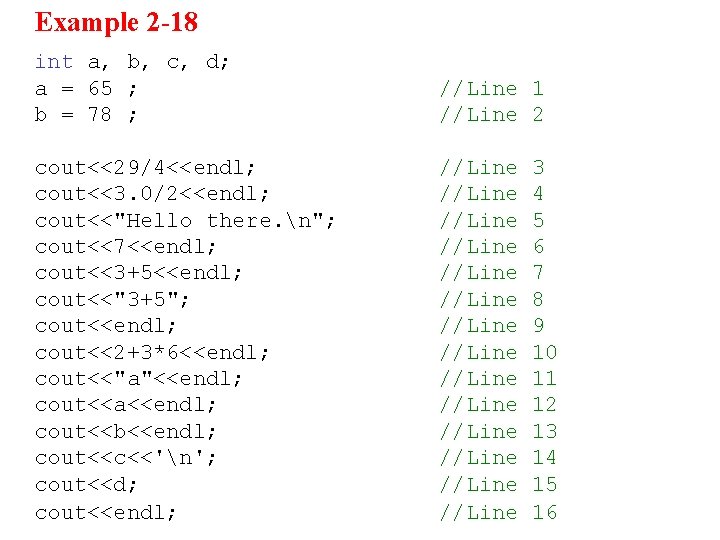 Example 2 -18 int a, b, c, d; a = 65 ; b =