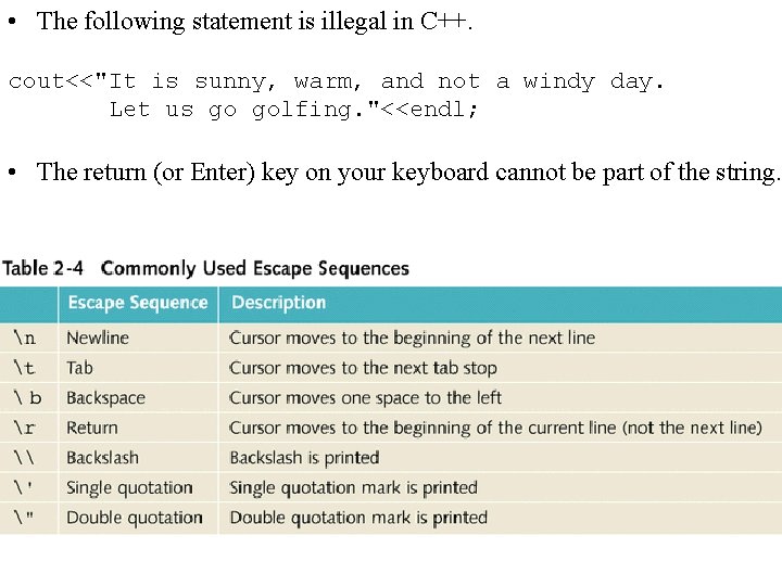  • The following statement is illegal in C++. cout<<"It is sunny, warm, and