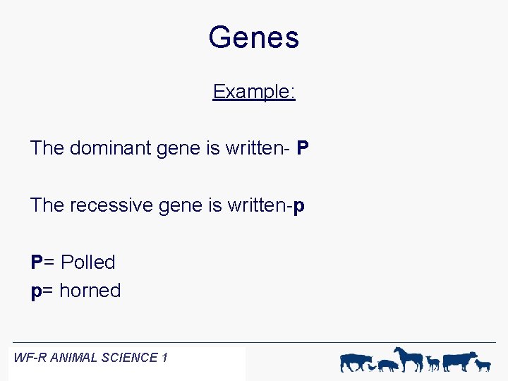 Genes Example: The dominant gene is written- P The recessive gene is written-p P=