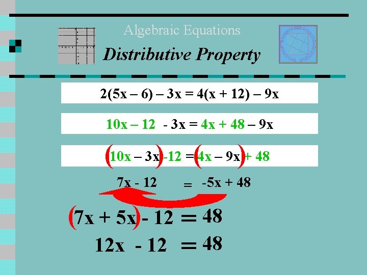 Algebraic Equations Distributive Property 2(5 x – 6) – 3 x = 4(x +