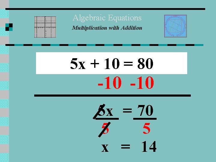 Algebraic Equations Multiplication with Addition 5 x + 10 = 80 -10 5 x