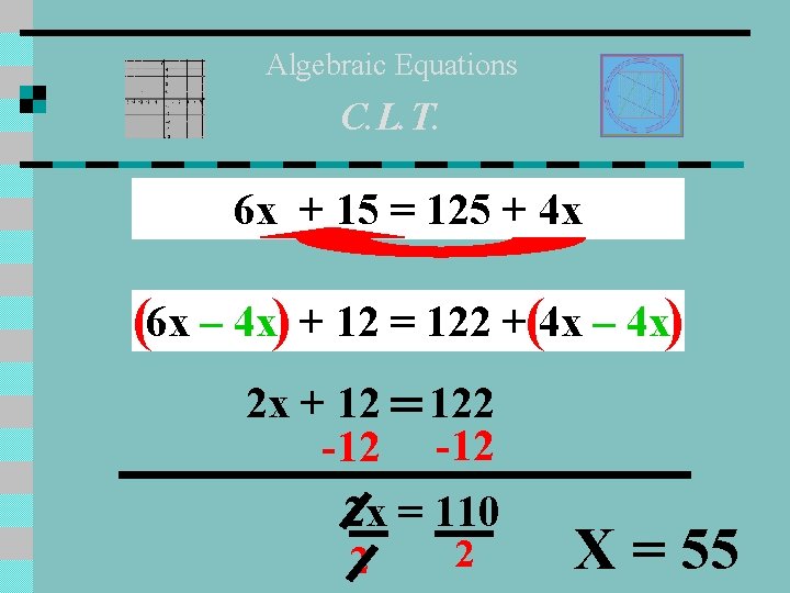 Algebraic Equations C. L. T. 6 x + 15 = 125 + 4 x