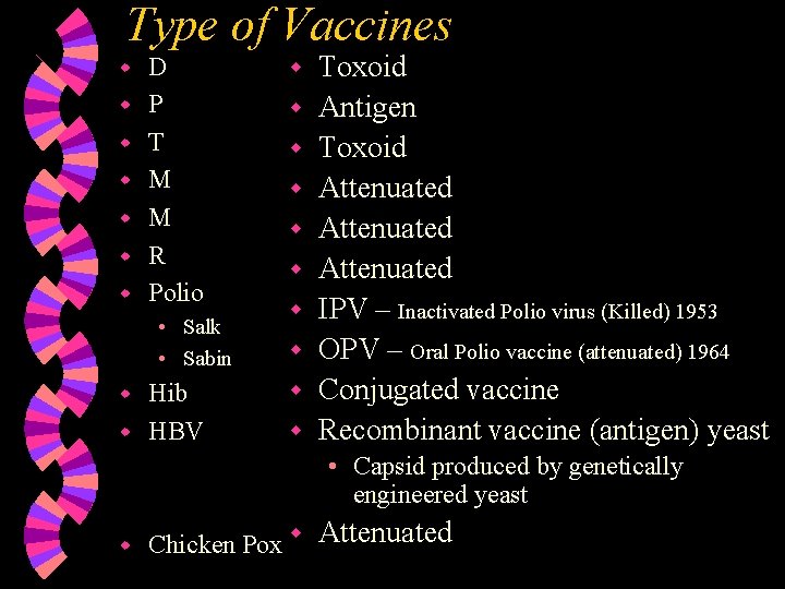 Type of Vaccines w w w w D P T M M R Polio