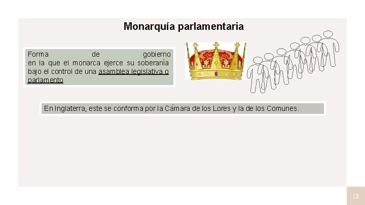 Monarquía parlamentaria Forma de gobierno en la que el monarca ejerce su soberani a