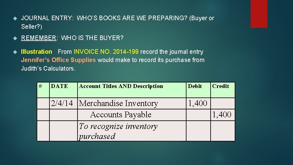  JOURNAL ENTRY: WHO’S BOOKS ARE WE PREPARING? (Buyer or Seller? ) REMEMBER: WHO