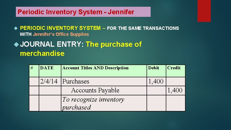 Periodic Inventory System - Jennifer PERIODIC INVENTORY SYSTEM – FOR THE SAME TRANSACTIONS WITH