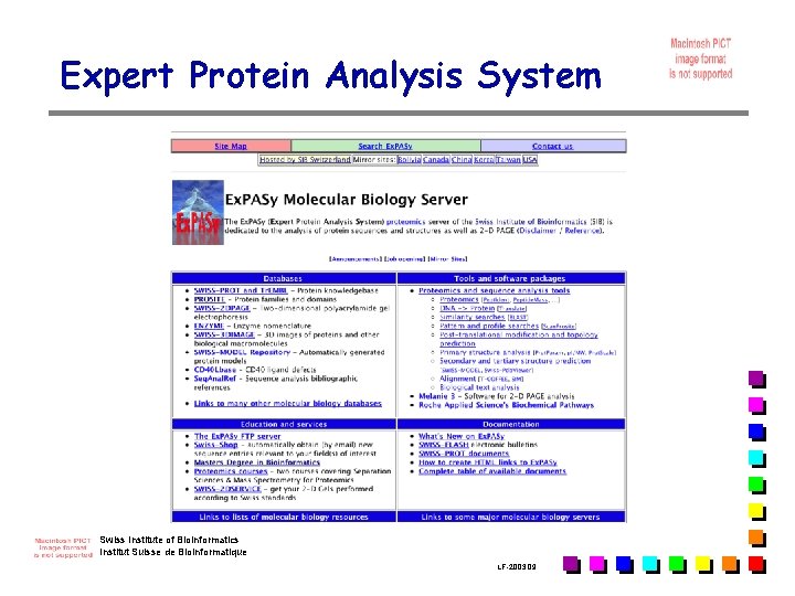 Expert Protein Analysis System Swiss Institute of Bioinformatics Institut Suisse de Bioinformatique LF-2003. 09