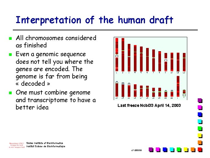 Interpretation of the human draft n n n All chromosomes considered as finished Even
