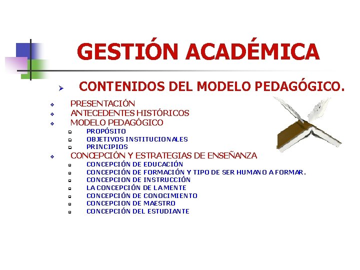 GESTIÓN ACADÉMICA CONTENIDOS DEL MODELO PEDAGÓGICO. Ø v v v PRESENTACIÓN ANTECEDENTES HISTÓRICOS MODELO