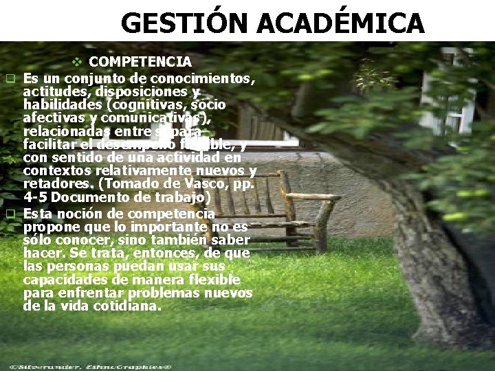 GESTIÓN ACADÉMICA v COMPETENCIA q Es un conjunto de conocimientos, actitudes, disposiciones y habilidades