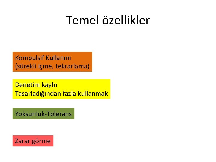 Temel özellikler Kompulsif Kullanım (sürekli içme, tekrarlama) Denetim kaybı Tasarladığından fazla kullanmak Yoksunluk-Tolerans Zarar