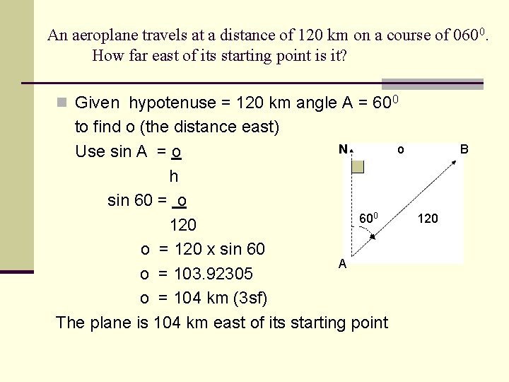 An aeroplane travels at a distance of 120 km on a course of 0600.