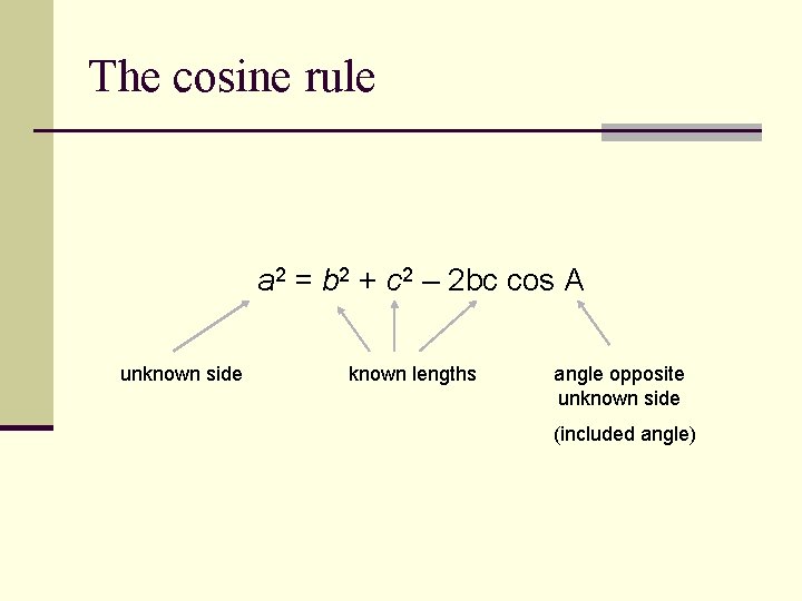 The cosine rule a 2 = b 2 + c 2 – 2 bc