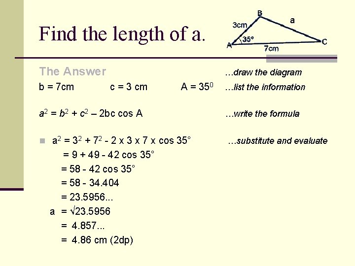 Find the length of a. The Answer b = 7 cm a …draw the