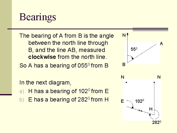 Bearings The bearing of A from B is the angle between the north line