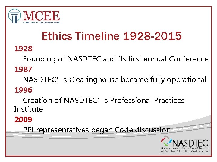 Ethics Timeline 1928 -2015 1928 Founding of NASDTEC and its first annual Conference 1987