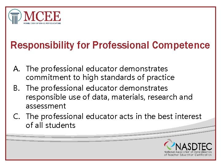 Responsibility for Professional Competence A. The professional educator demonstrates commitment to high standards of