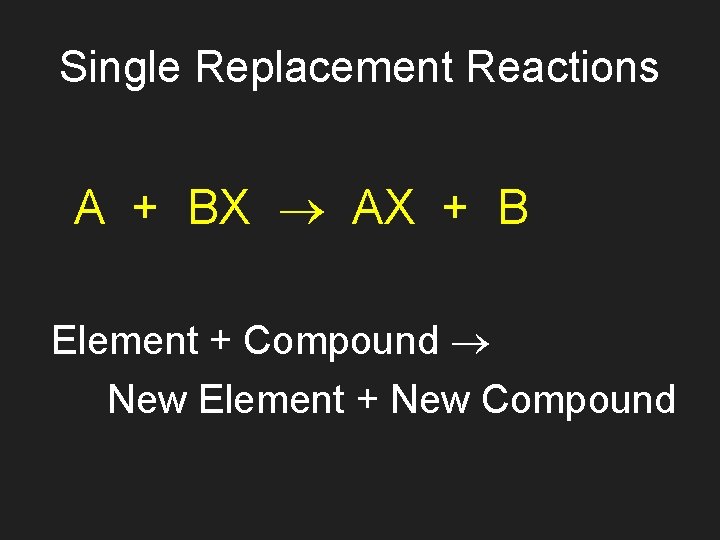 Single Replacement Reactions A + BX AX + B Element + Compound New Element